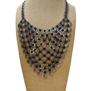 Chico's Bib Necklace Blue Silver Tone Statement Bohemian Draped Mesh